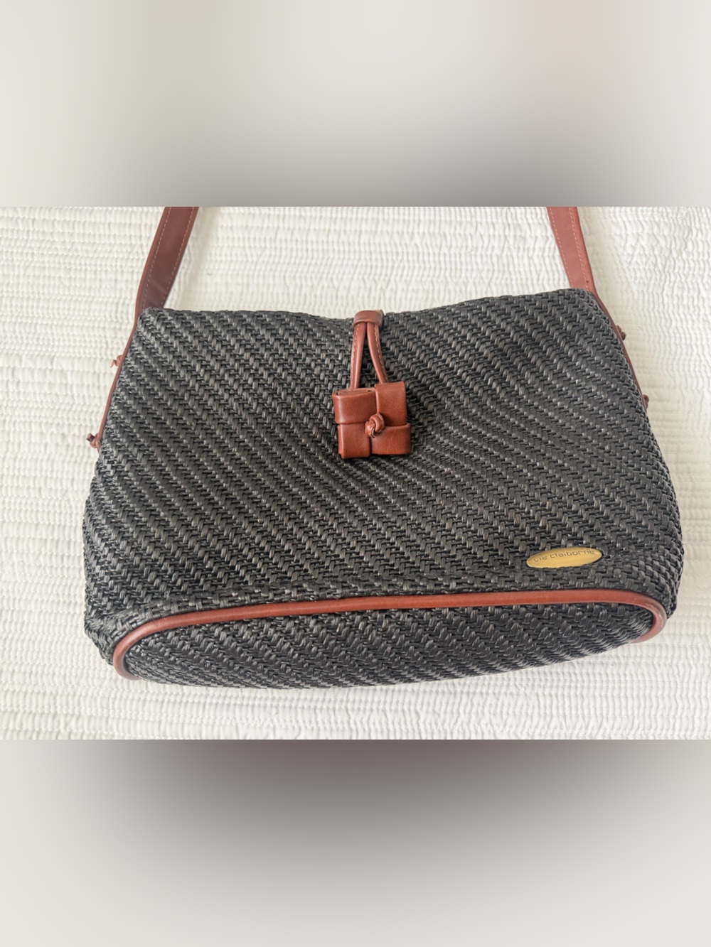 Liz Claiborne Black Woven Crossbody with Brown Trim and Gold Accent